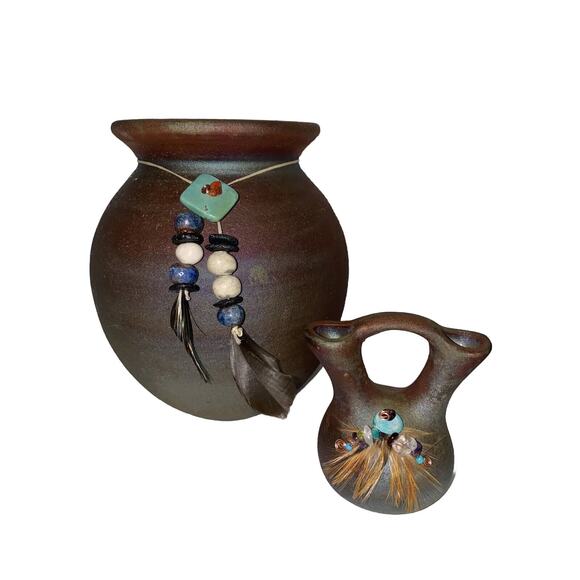 J Diller Raku Earth Fire Native Pottery Sm Wed Vase Lg Spirit Jar Grn Jasp Turq